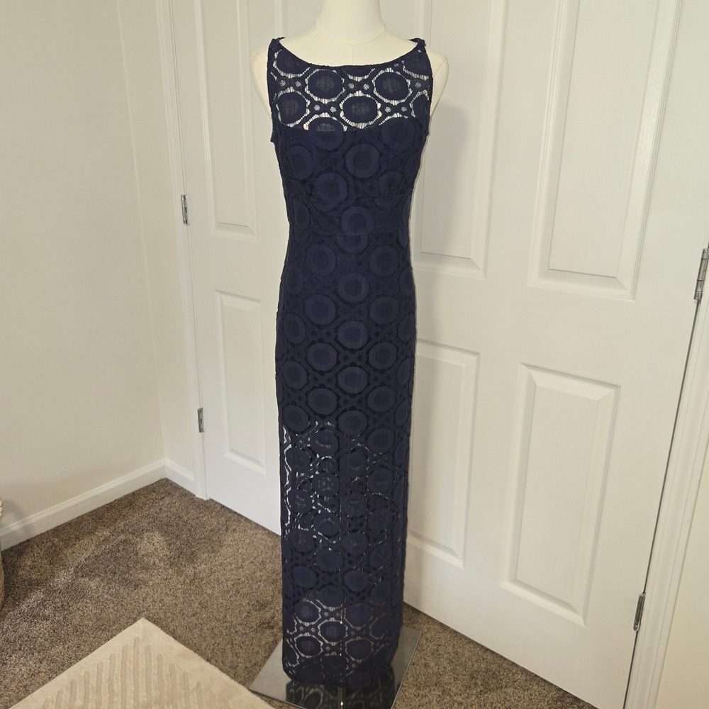 Trina Turk Maxi Dress Womens 2 Navy Blue Geometric Circle Lace Sleeveless Column